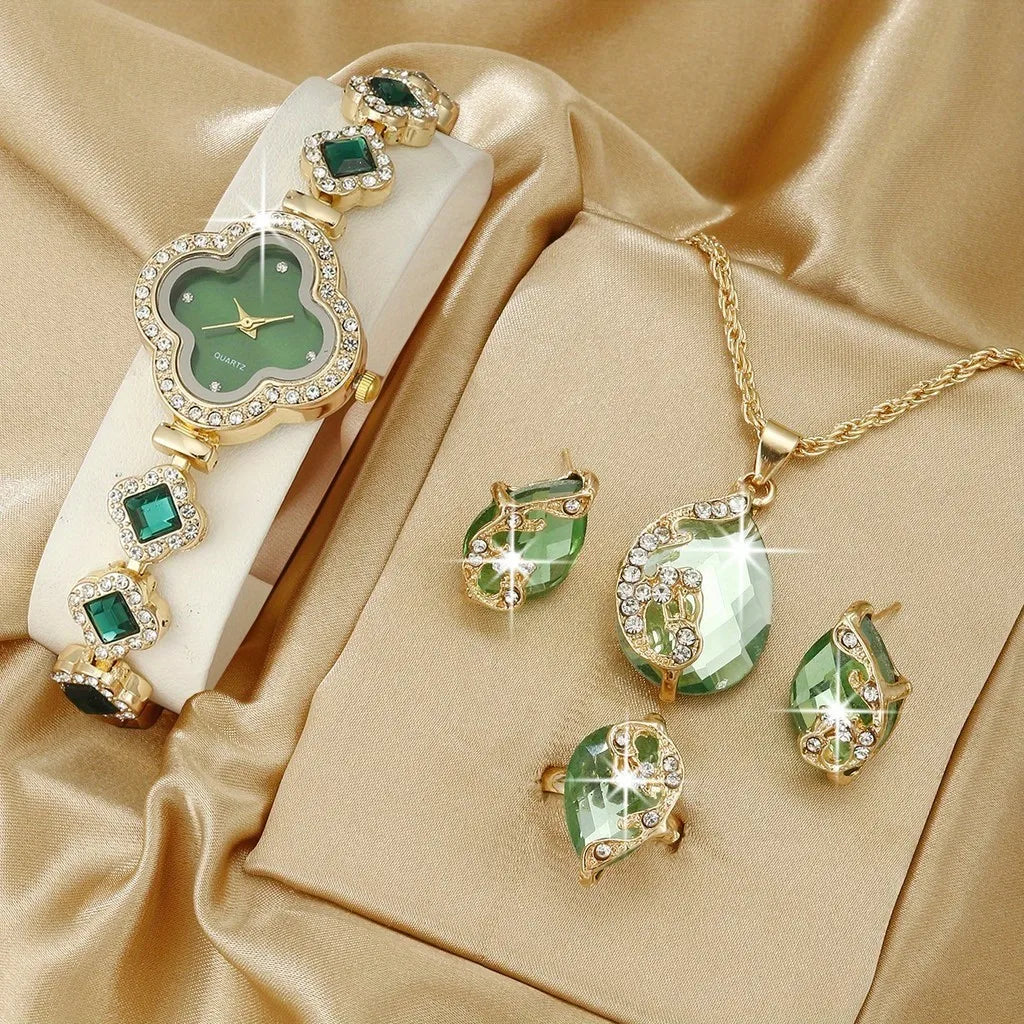 Kegllect Women's Watch Clover Pointer Quartz Baroque Rhinestone Analog Wrist & 4pcs Jewelry Set Gift for Mom Her