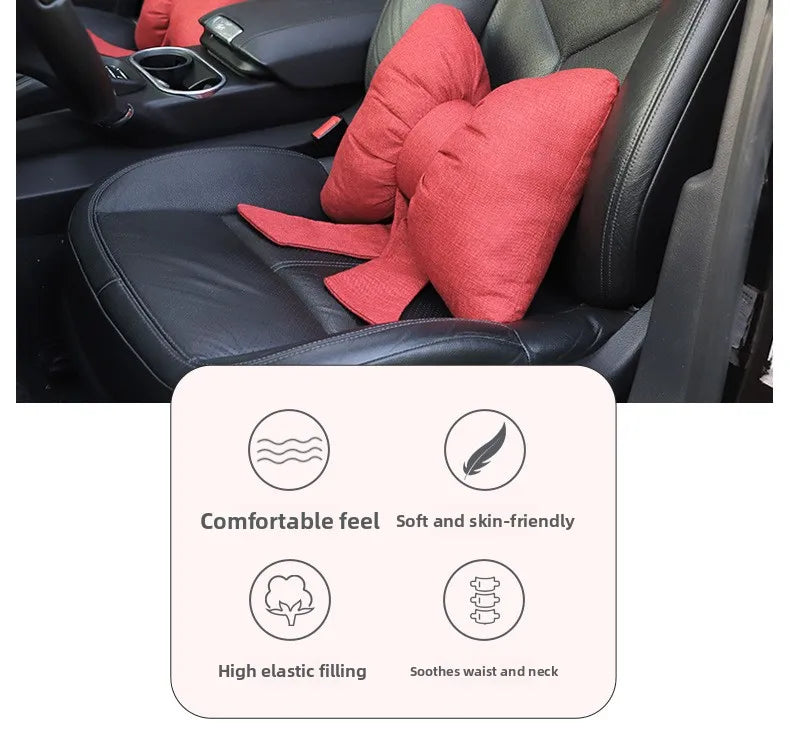 Fashion car headrest with bows cotton and linen pillow suitable for plaid's road trips and cute interior decorations