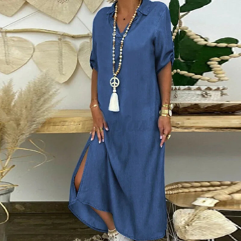 Plus Size Women's Summer Denim Short Sleeved Fashionable Dress, Casual Solid Color Lapel Large Size Long Dress
