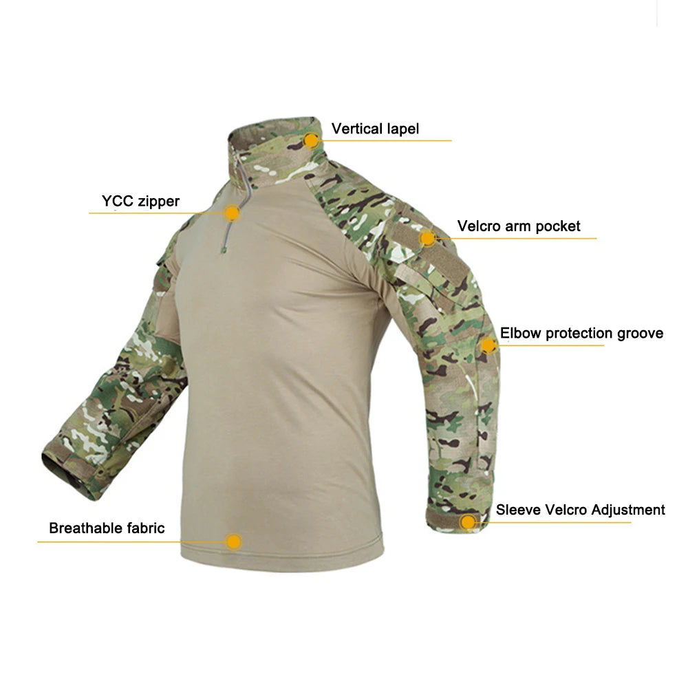 Men Camouflage Uniform Combat Shirt Outdoor Tactical Long Sleeve Shirt Paintball Camping Hunting Clothing