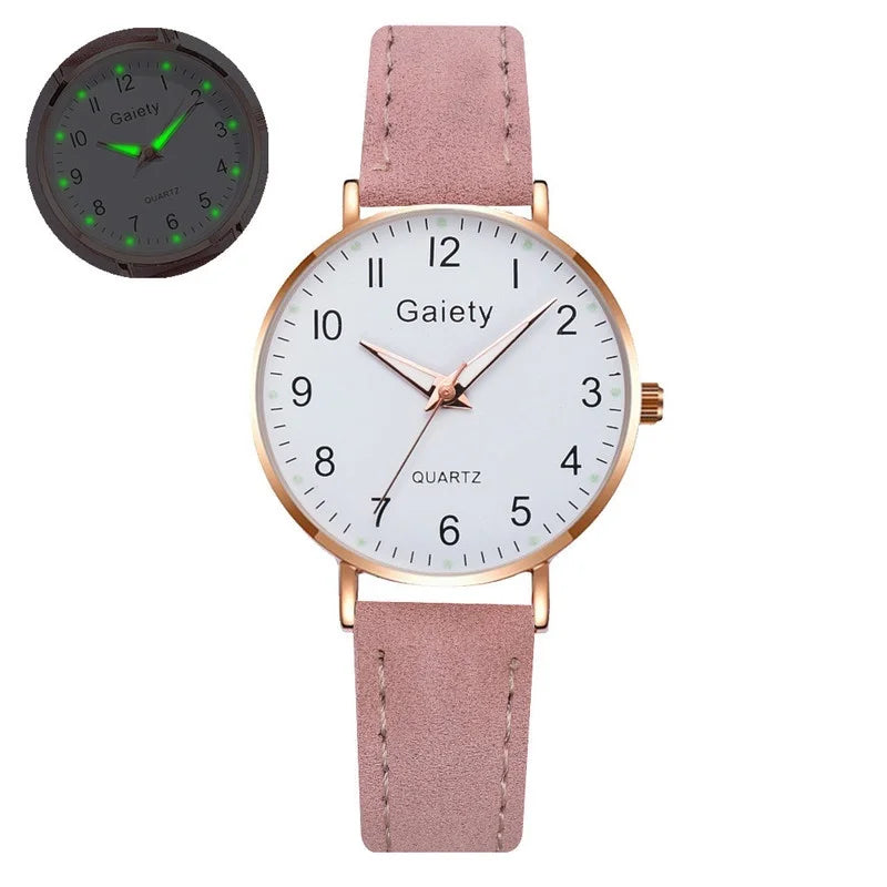 Women's Fashion Simple Glow Leather Watch Strap Quartz Watches Free Two Piece Bracelet Set No Box