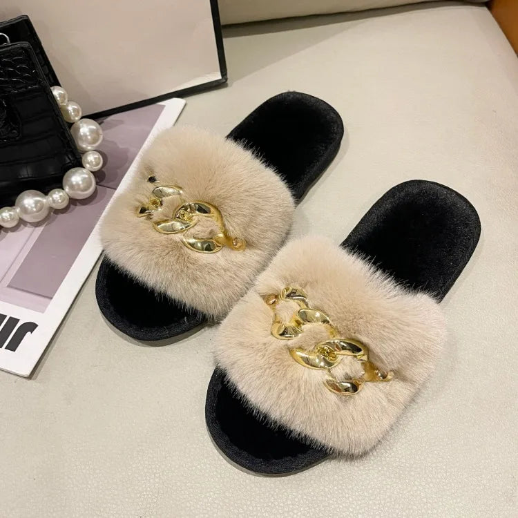Autumn /winter Metal Chain Woolen Cotton Slippers Fashion Warm Women's Large Fur Flat Heel Straight Slippers Home Cotton Slipper