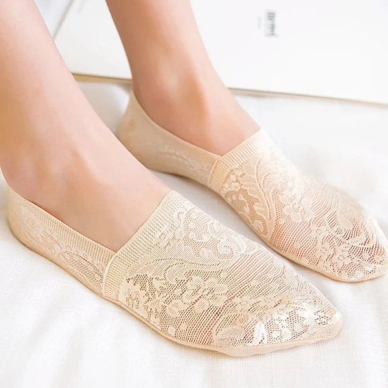 5 Pairs/Lot Socks Women's Fashion Lace Flower Summer Invisible Short No-Show Foot Ankle Set Antiskid White Boat Sock
