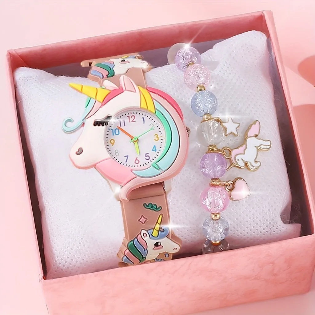 【Watch+Bracelet】Kegllect New Children's Cartoon Pattern Unicorn Silicone Bead Bracelet Set Student