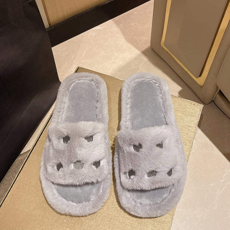 Fur Women Slippers Winter New Fashion Plush Shallow Mouth Indoor Outdoor Flip-flop Casual Bedroom Solid Color Slides Flat Shoes