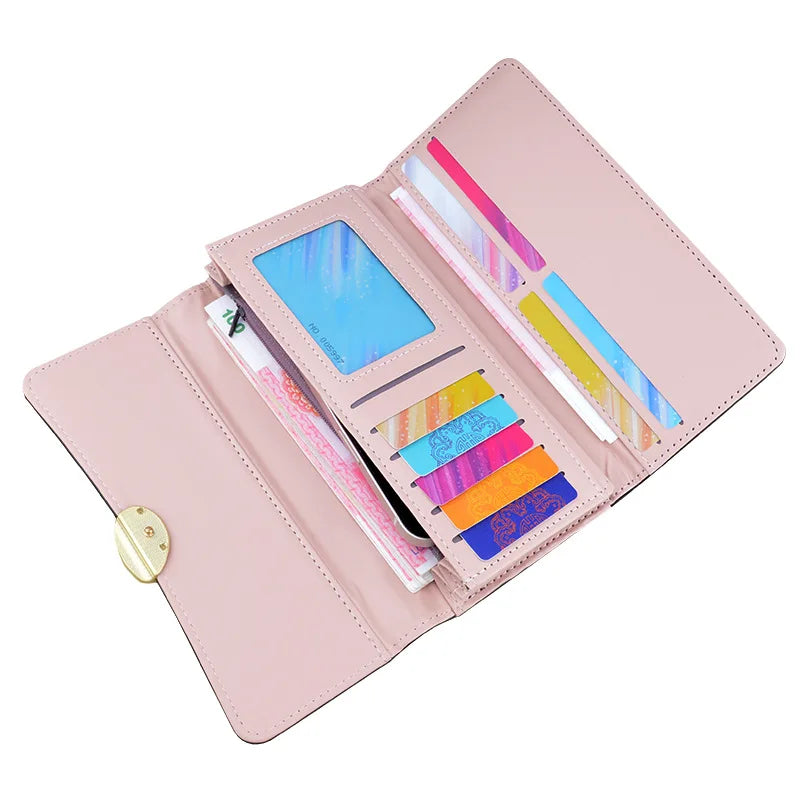 PU Leather Women Wallets Luxury Long Hasp Fold-over Pattern Coin Purses Female Brand Solid Colors New Thin Clutch Phone Bag