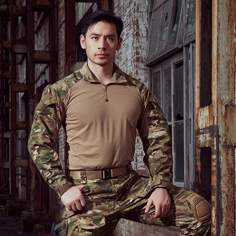 Men Camouflage Uniform Combat Shirt Outdoor Tactical Long Sleeve Shirt Paintball Camping Hunting Clothing
