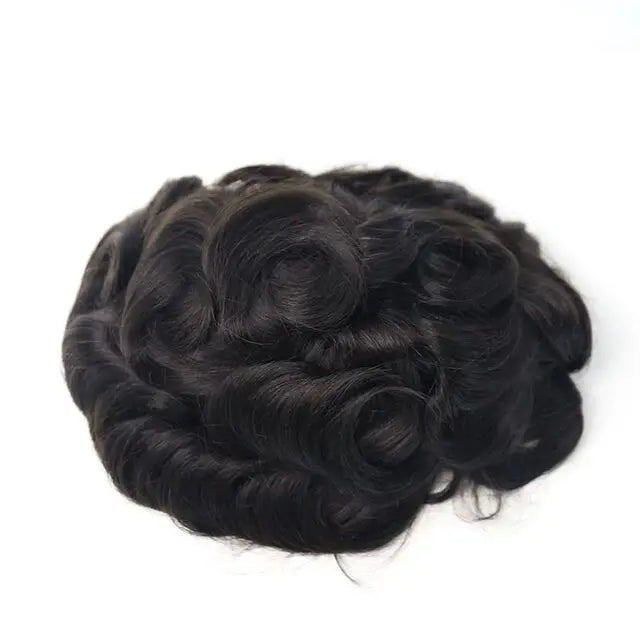Toupee for Men Fine Mono Wavy Men Toupee Human Hair Replacement System Hair Prosthesis Natural Black Hair Units #1B