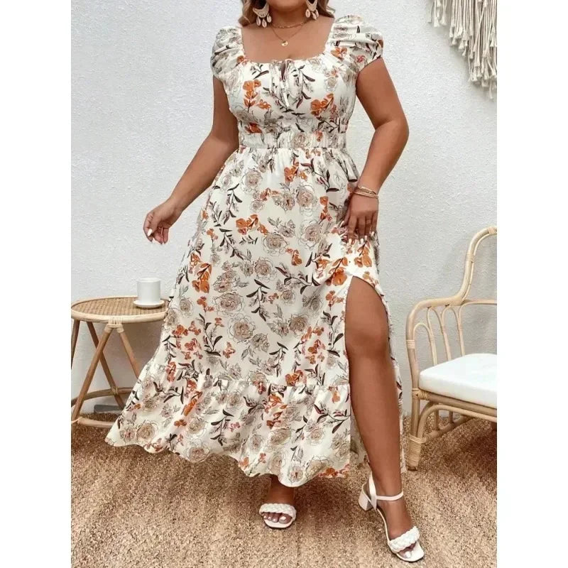 Elegant Women's 1-5XL Plus Size Suitable dress White Flower Casual Print design Loose long dress Summer versatile simple Dress