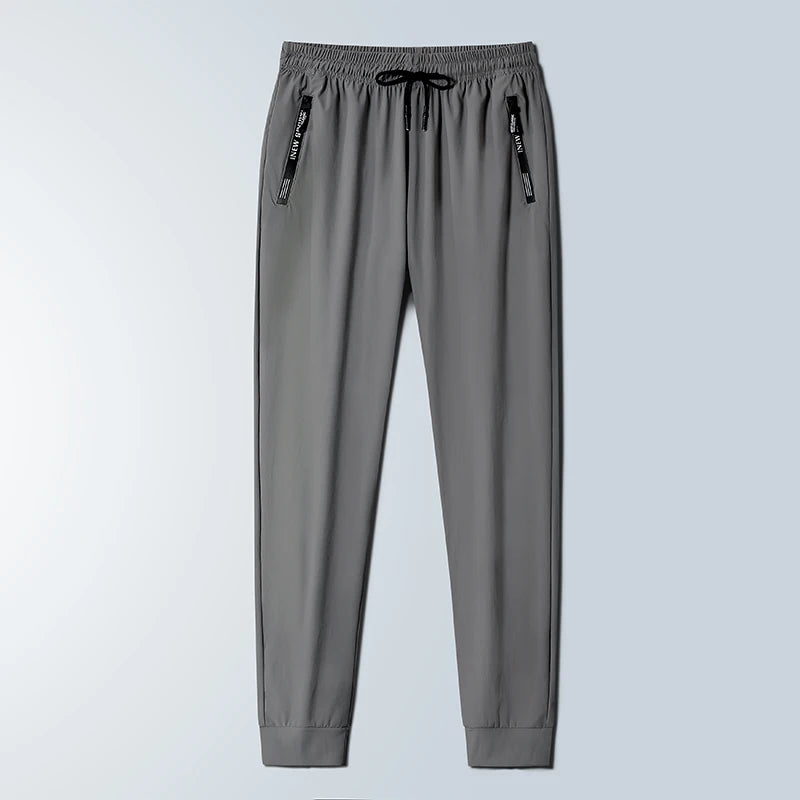 Summer Spring Men's Waist Drawstring Quick Dry High Stretch Solid Color Sports Training Outdoor Long Pants With Zipper Pockets
