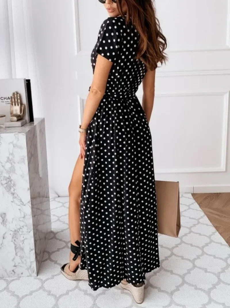 Women's Summer Short Sleeved V-neck and Ankle Skirt Bohemian Polka Dot Printed Dress Long Skirt