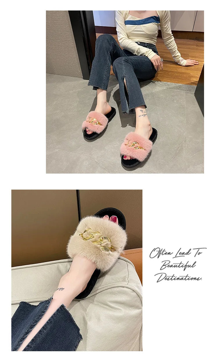 Autumn /winter Metal Chain Woolen Cotton Slippers Fashion Warm Women's Large Fur Flat Heel Straight Slippers Home Cotton Slipper