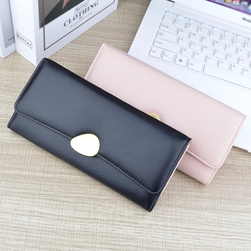 PU Leather Women Wallets Luxury Long Hasp Fold-over Pattern Coin Purses Female Brand Solid Colors New Thin Clutch Phone Bag