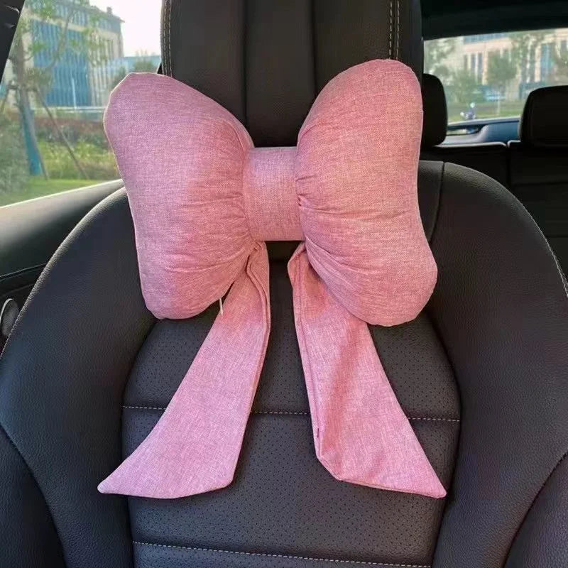 Fashion car headrest with bows cotton and linen pillow suitable for plaid's road trips and cute interior decorations
