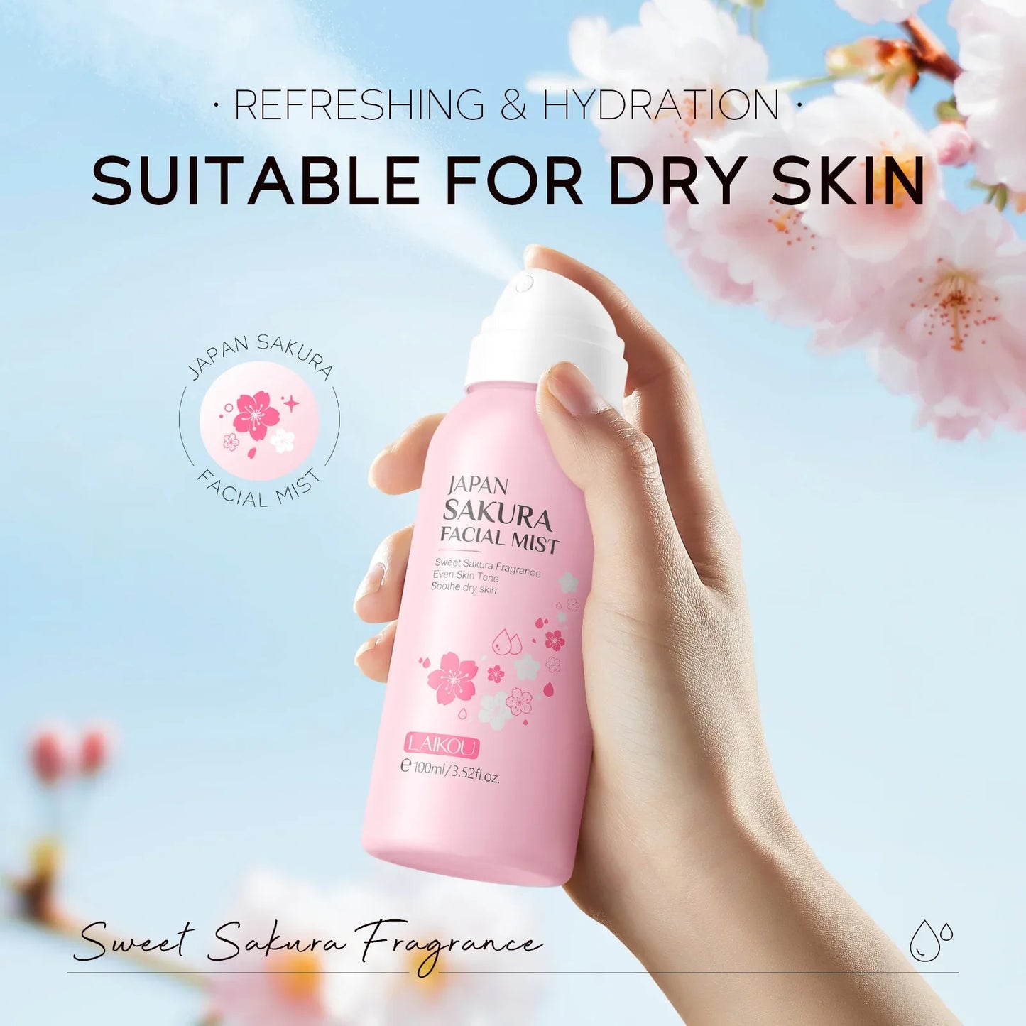 LAIKOU Sakura Facial Mist Toner Hydrating Moisturize Gentle Repair Brightening Skin Improve Glow Serum Toner Spray 100ml
