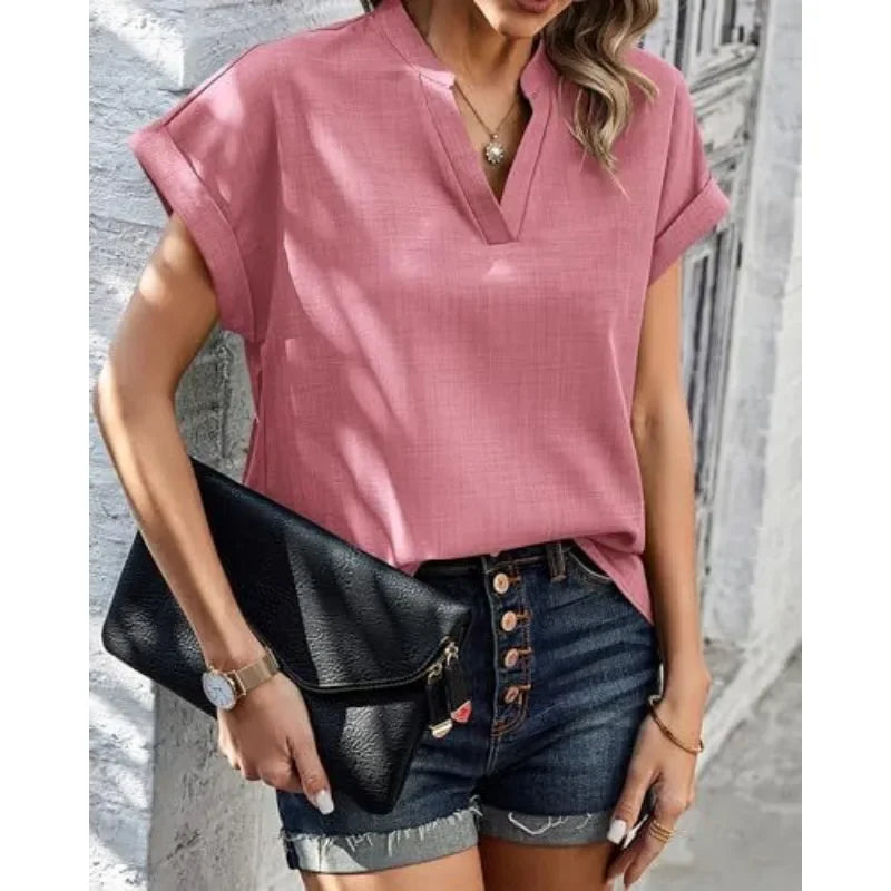 Women's Summer Commuting Short Sleeved T-shirt Simple Solid Color Fashionable V-neck T-shirt Casual Holiday Women's T-shirt