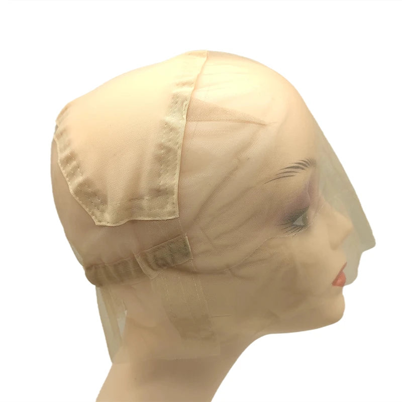 Adjustable Full Lace Wig Cap Brown/Beige with Stretch Straps Guide Line Customizable Wig Making Base for Hair Extension Projects
