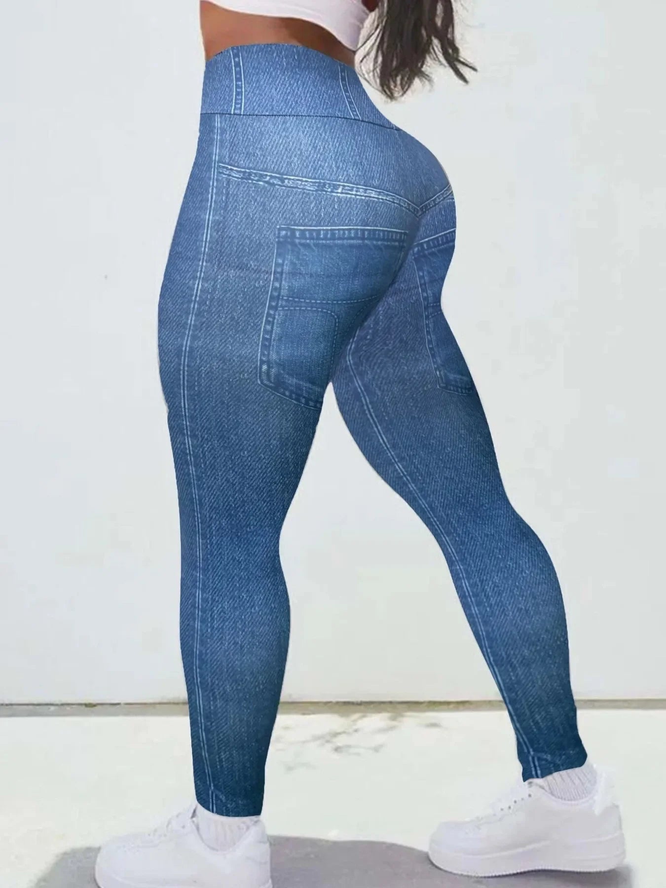 Women's Plus-size Casual Commuter Skinny Pants Fashion Imitation Denim High-waisted Printed Stretch Leggings