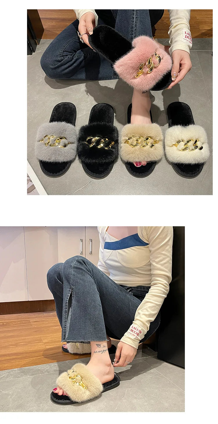 Autumn /winter Metal Chain Woolen Cotton Slippers Fashion Warm Women's Large Fur Flat Heel Straight Slippers Home Cotton Slipper
