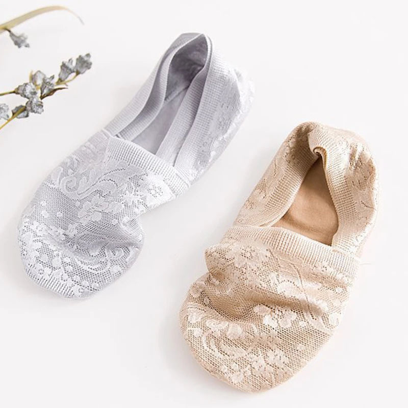 5 Pairs/Lot Socks Women's Fashion Lace Flower Summer Invisible Short No-Show Foot Ankle Set Antiskid White Boat Sock