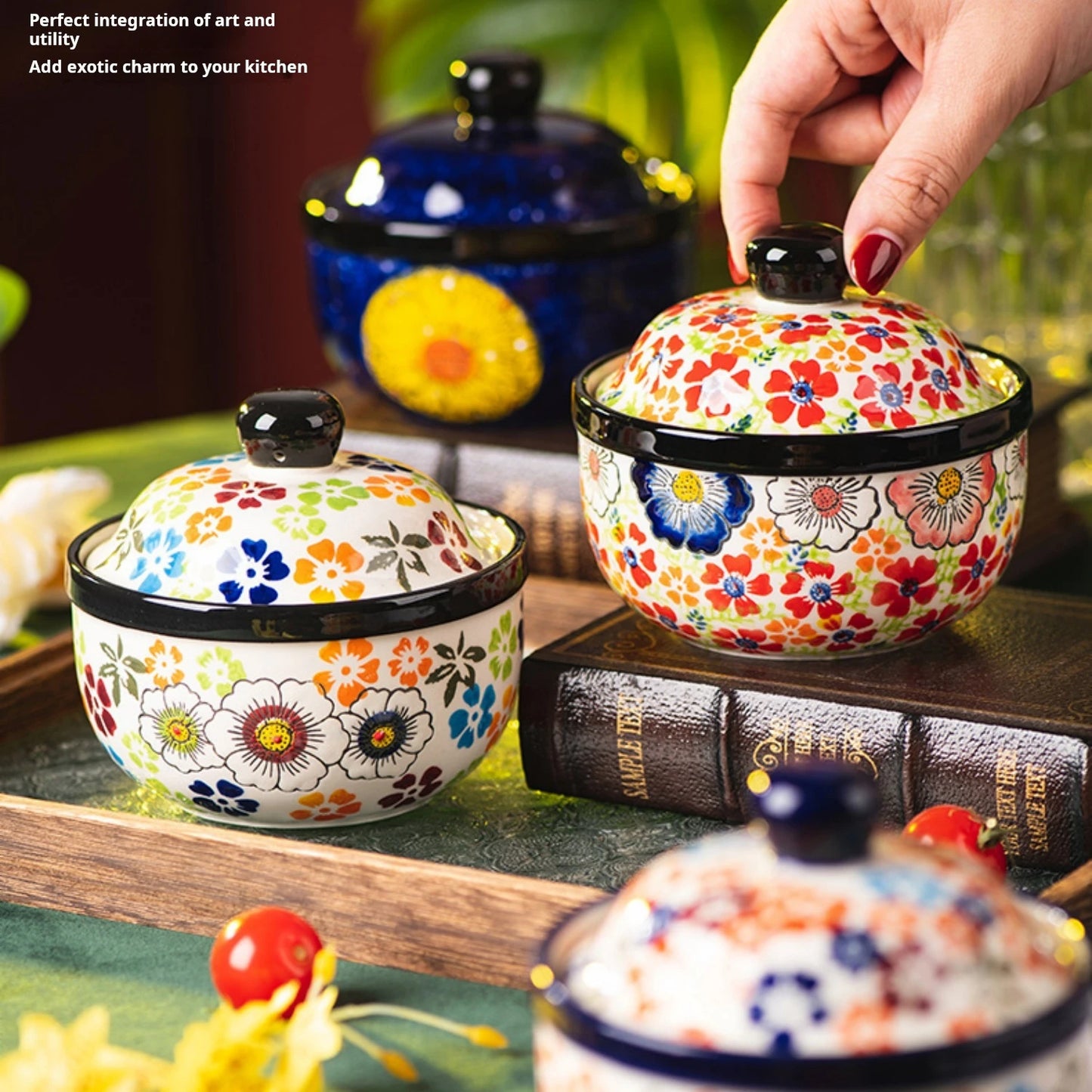 Hand-painted ceramic stew bowl, kitchen soup cup with lid, water-proof soup pot, steamed egg bowl, dessert bowl