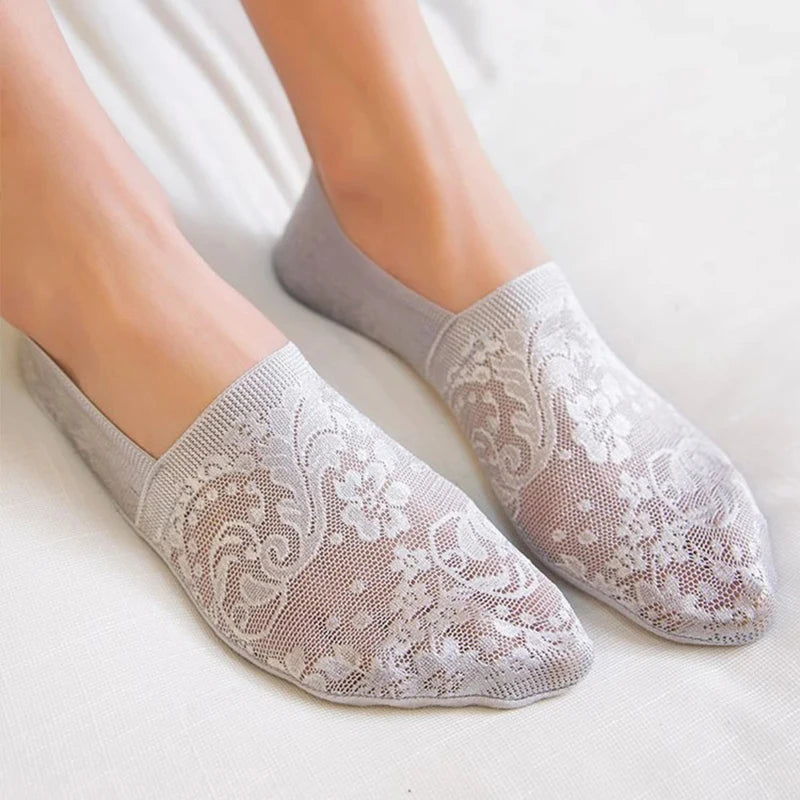 5 Pairs/Lot Socks Women's Fashion Lace Flower Summer Invisible Short No-Show Foot Ankle Set Antiskid White Boat Sock