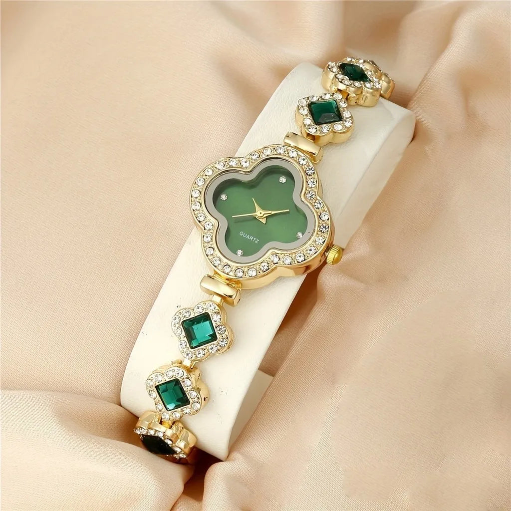 Kegllect Women's Watch Clover Pointer Quartz Baroque Rhinestone Analog Wrist & 4pcs Jewelry Set Gift for Mom Her