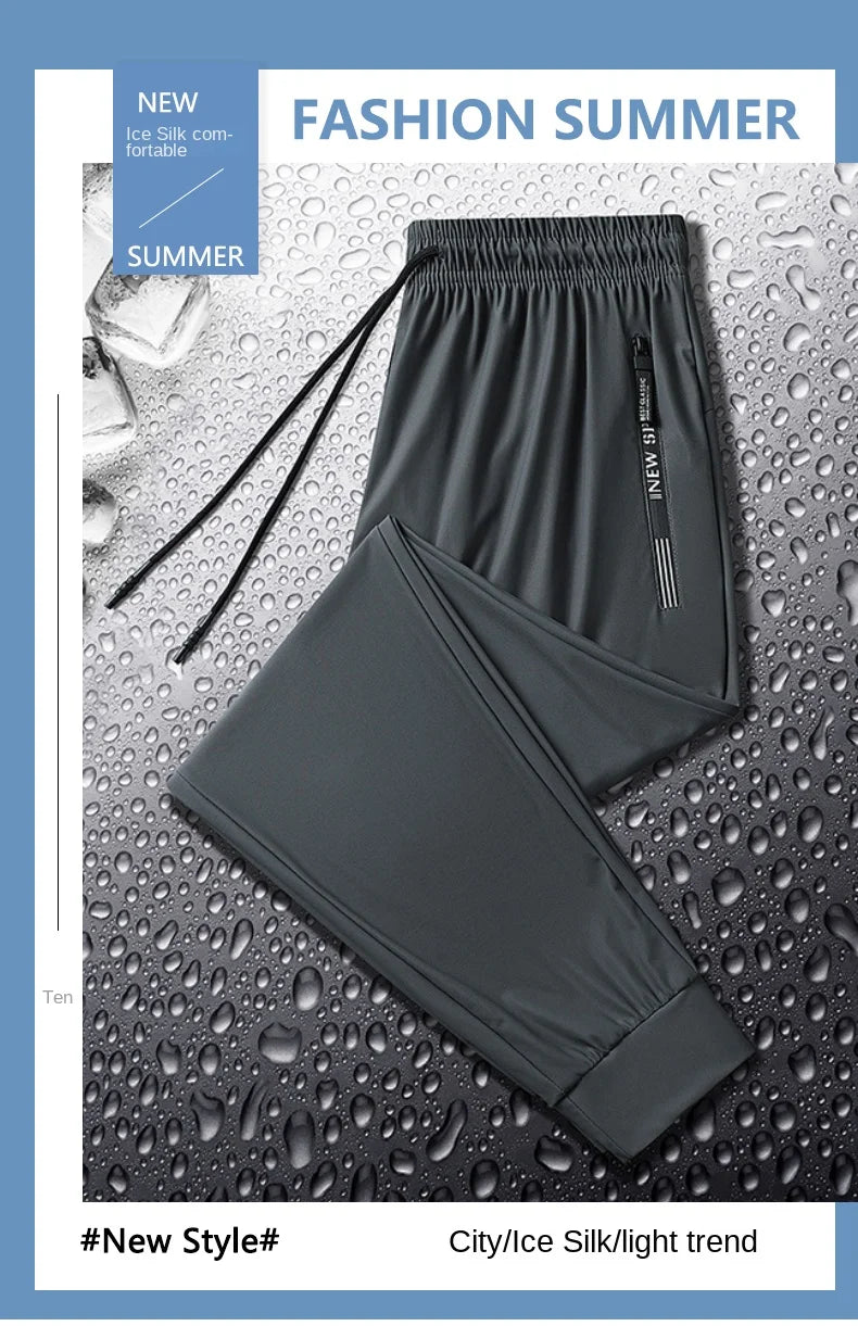 Summer Spring Men's Waist Drawstring Quick Dry High Stretch Solid Color Sports Training Outdoor Long Pants With Zipper Pockets