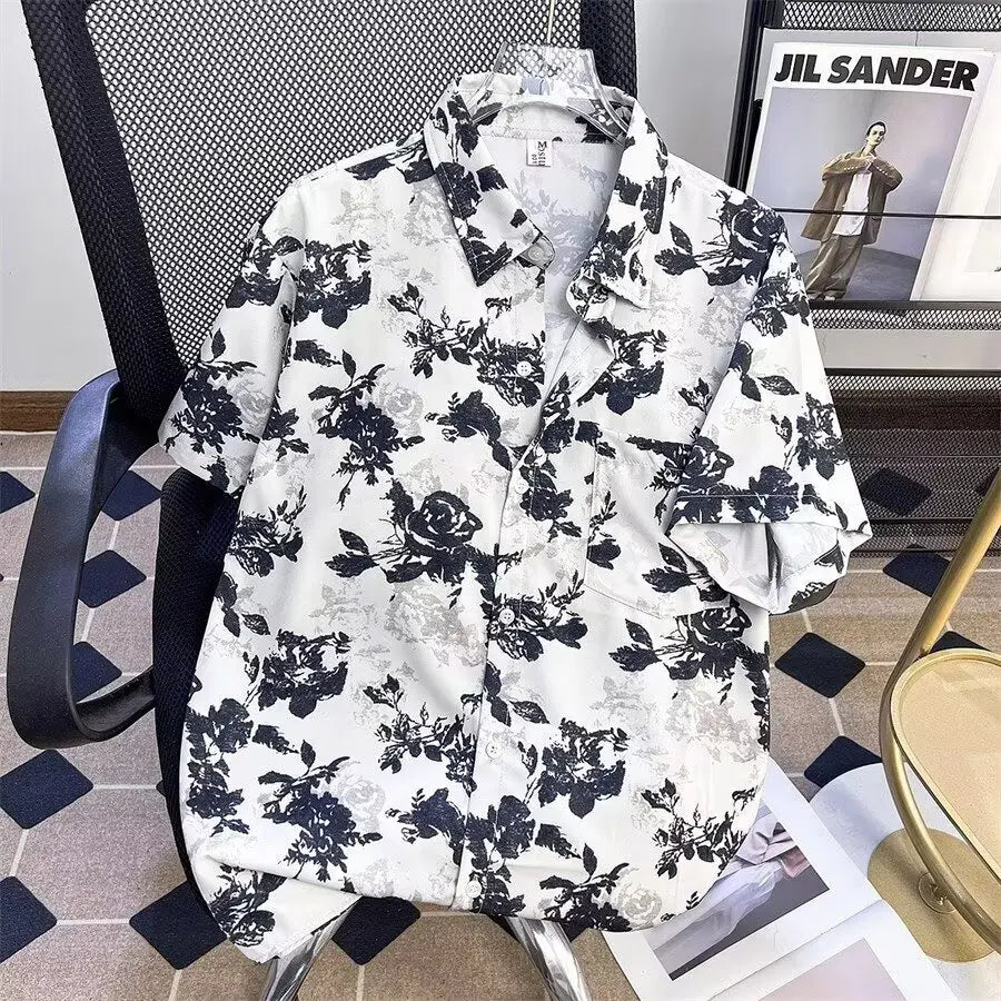 New Chinese ink painting full printed short sleeved shirt for men's summer casual wear with a sense of luxury, retro five quarte