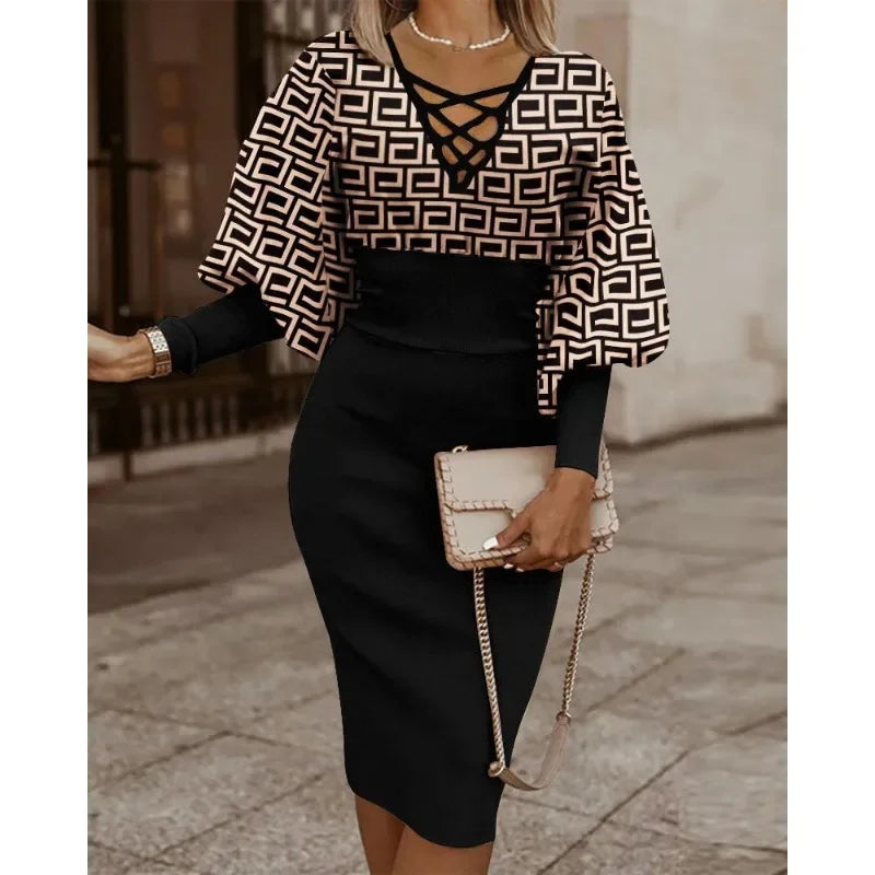 Women's Spring/autumn Fashionable Printed Dress V-Neck Band Waist Pack Hip Dress Leisure Elegant Long Sleeve Dress