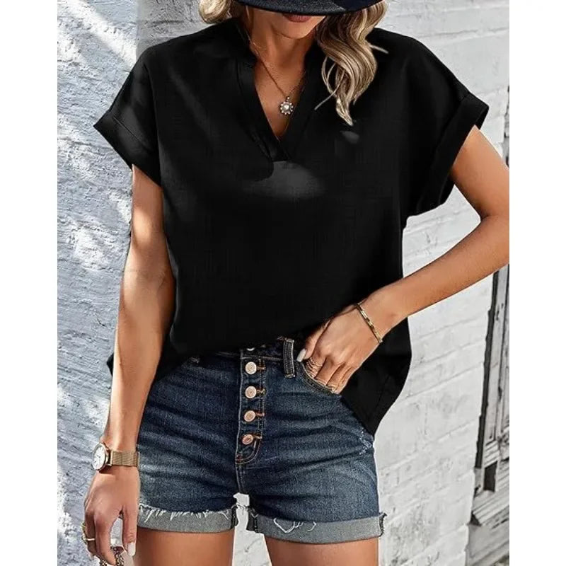 Women's Summer Commuting Short Sleeved T-shirt Simple Solid Color Fashionable V-neck T-shirt Casual Holiday Women's T-shirt