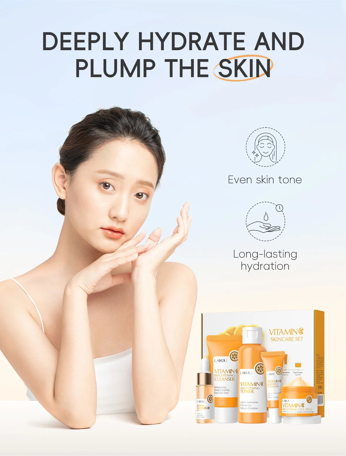 LAIKOU 5pcs Vitamin C Skin Care Set Deep Cleansing Facial Cleanser Face Cream Moisturizer Toner Eye Serum Gift Box Skin Care