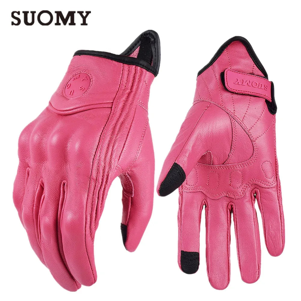 SUOMY Lady Pink Leather Motorcycle Gloves Genuine Leather Perforated Women Motorbike Riding Gloves Touch Screen Moto Guantes