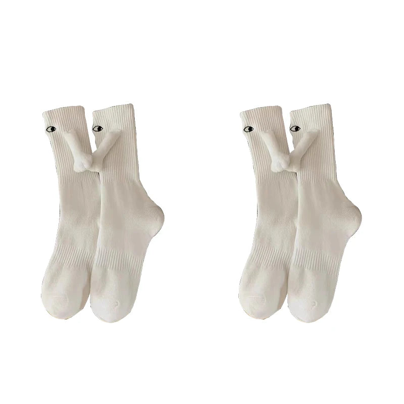 2 Pairs Hand Holding Socks Medium Tube Socks Men And Women's Trend Personalized Magnetic Suction Black And White Couple Socks