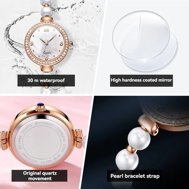 Kegllect Ladies Round Quartz Watch Women Luxury Pearl Bracelet Adjustable Strap Diamond Watches Jam Tangan Perempuan