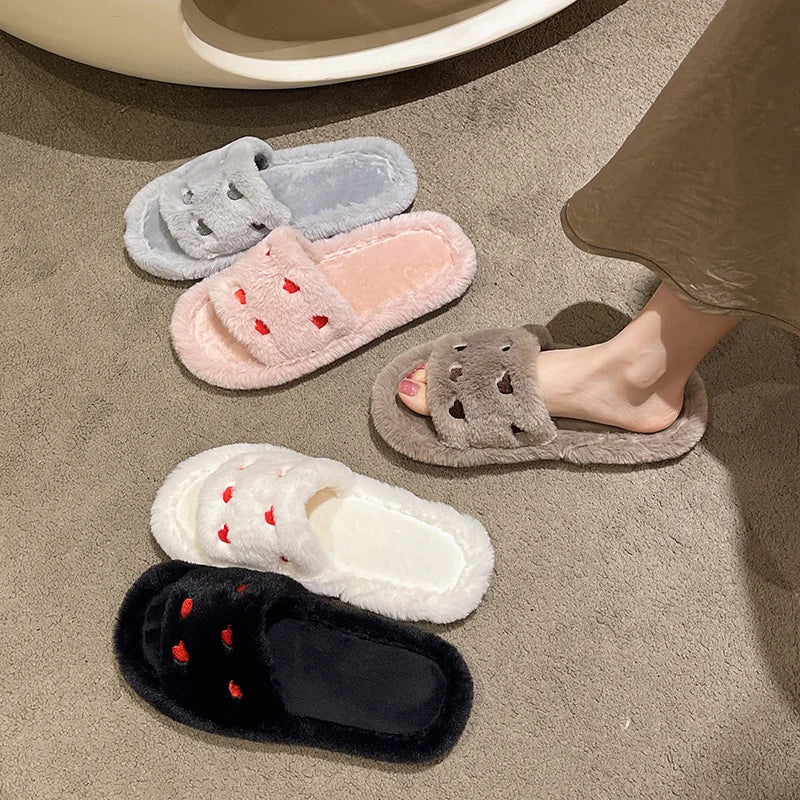 Fur Women Slippers Winter New Fashion Plush Shallow Mouth Indoor Outdoor Flip-flop Casual Bedroom Solid Color Slides Flat Shoes