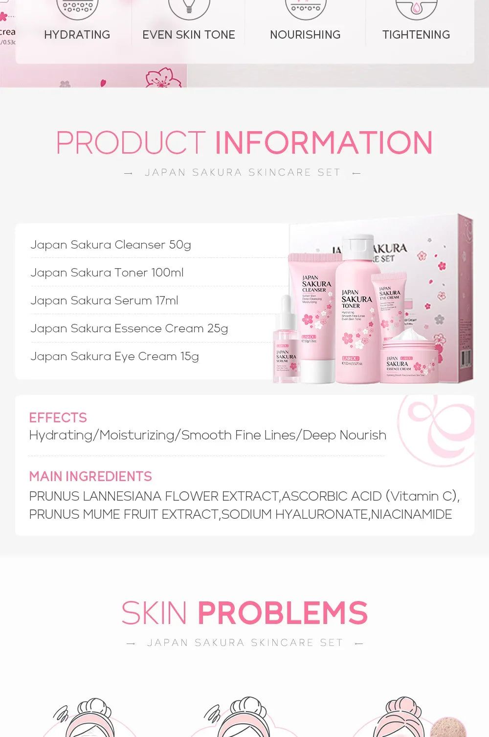 LAIKOU Sakura Kit Skin Care Sets Moisturizing and Reducing Fine Lines Cleansing Pore Product Korean Skincare Set 5-Piece