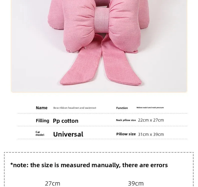 Fashion car headrest with bows cotton and linen pillow suitable for plaid's road trips and cute interior decorations