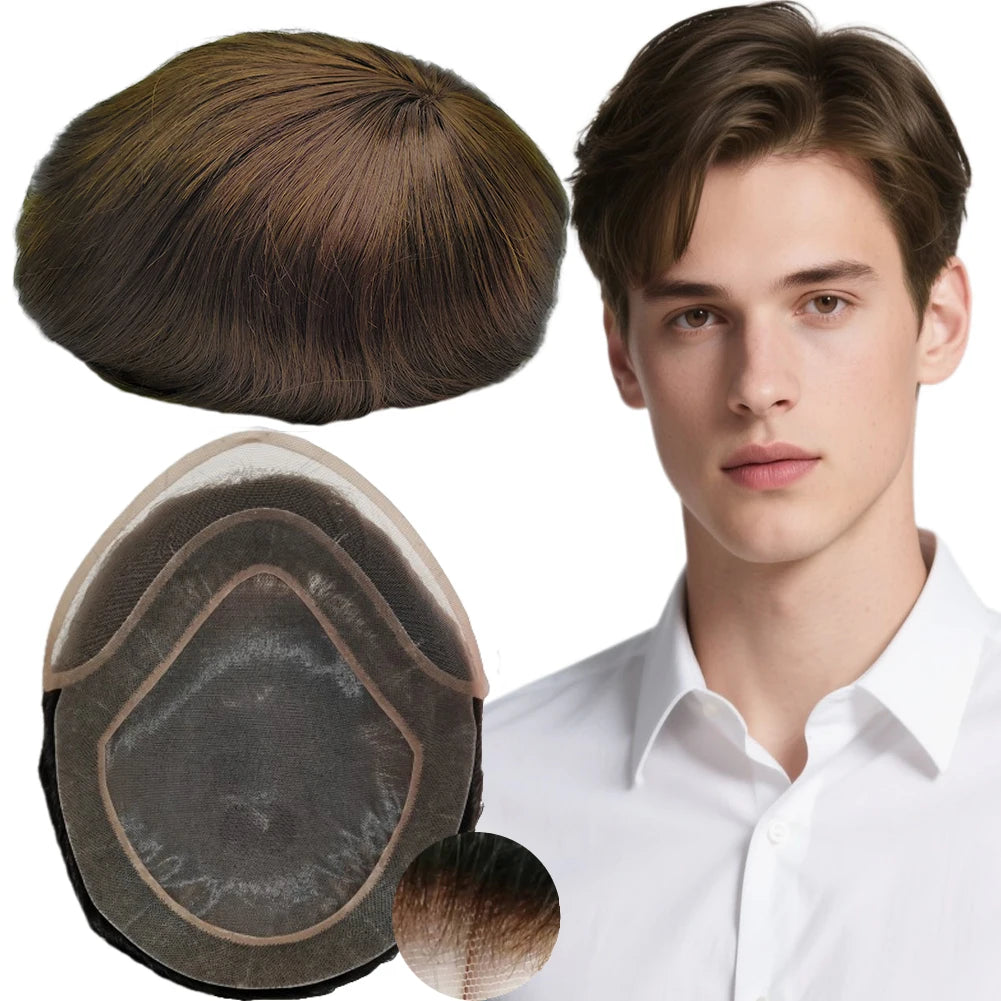 NLW Toupee for Men European Human Hair Pieces Hair Prosthesis Mens Swiss Lace Front with PU Around Hair Replacement System