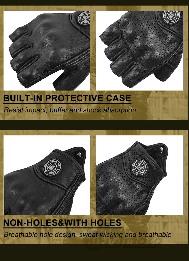 Summer Half Finger Motorcycle Gloves Retro Black Leather Motorbike Racing Gloves Motocross Moto Biker Cycling Fingerless Gloves
