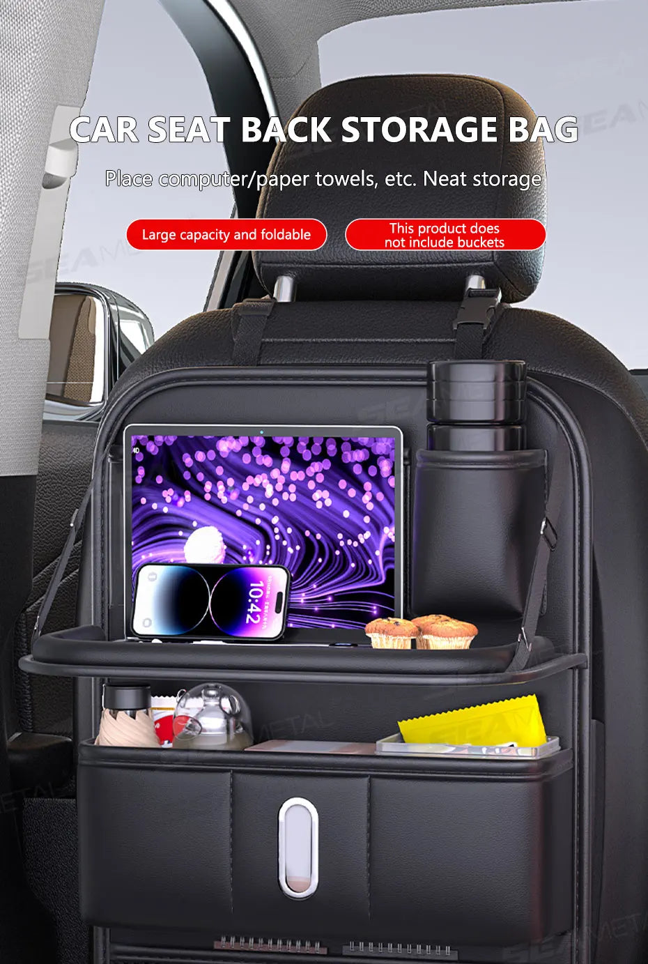 BLALION Car Seat Back Organizer with Foldable Table Tray Cup/Tissue Holder Storage Pocket Anti-Kick Pad Interior Accessories