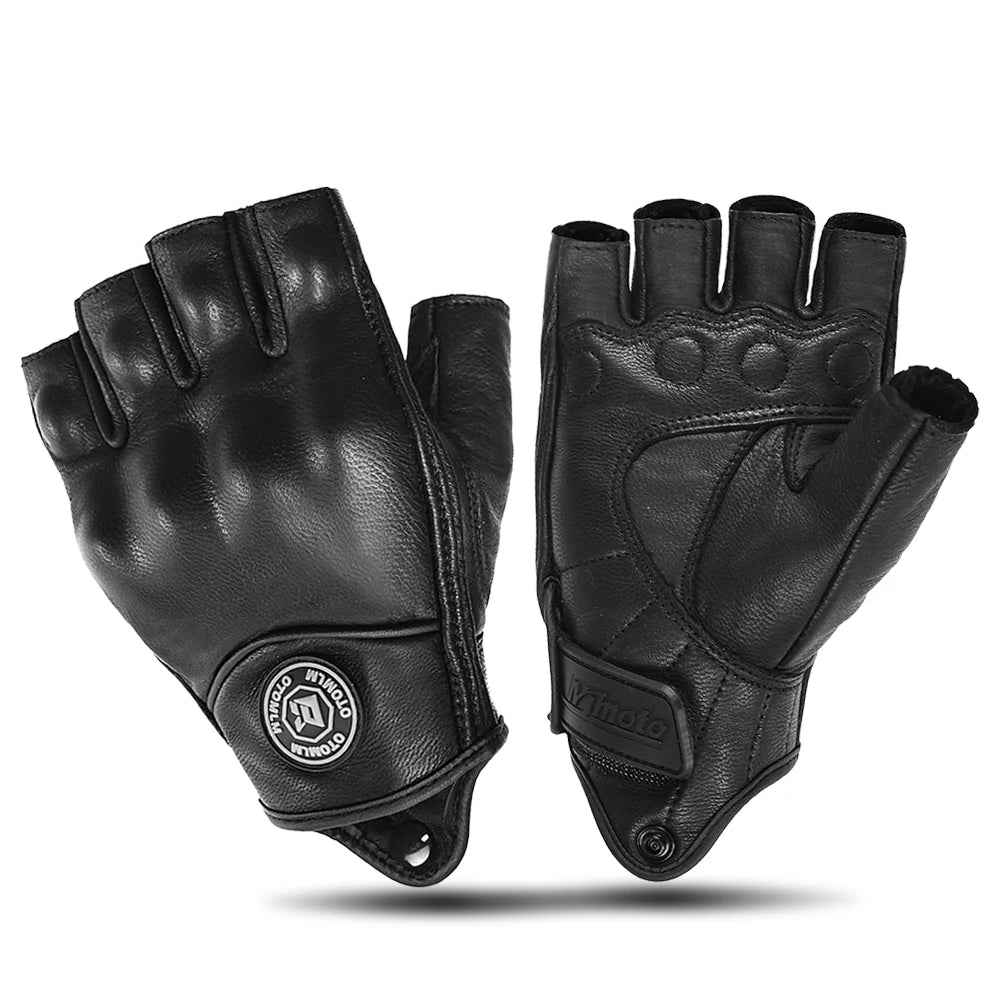 Summer Half Finger Motorcycle Gloves Retro Black Leather Motorbike Racing Gloves Motocross Moto Biker Cycling Fingerless Gloves