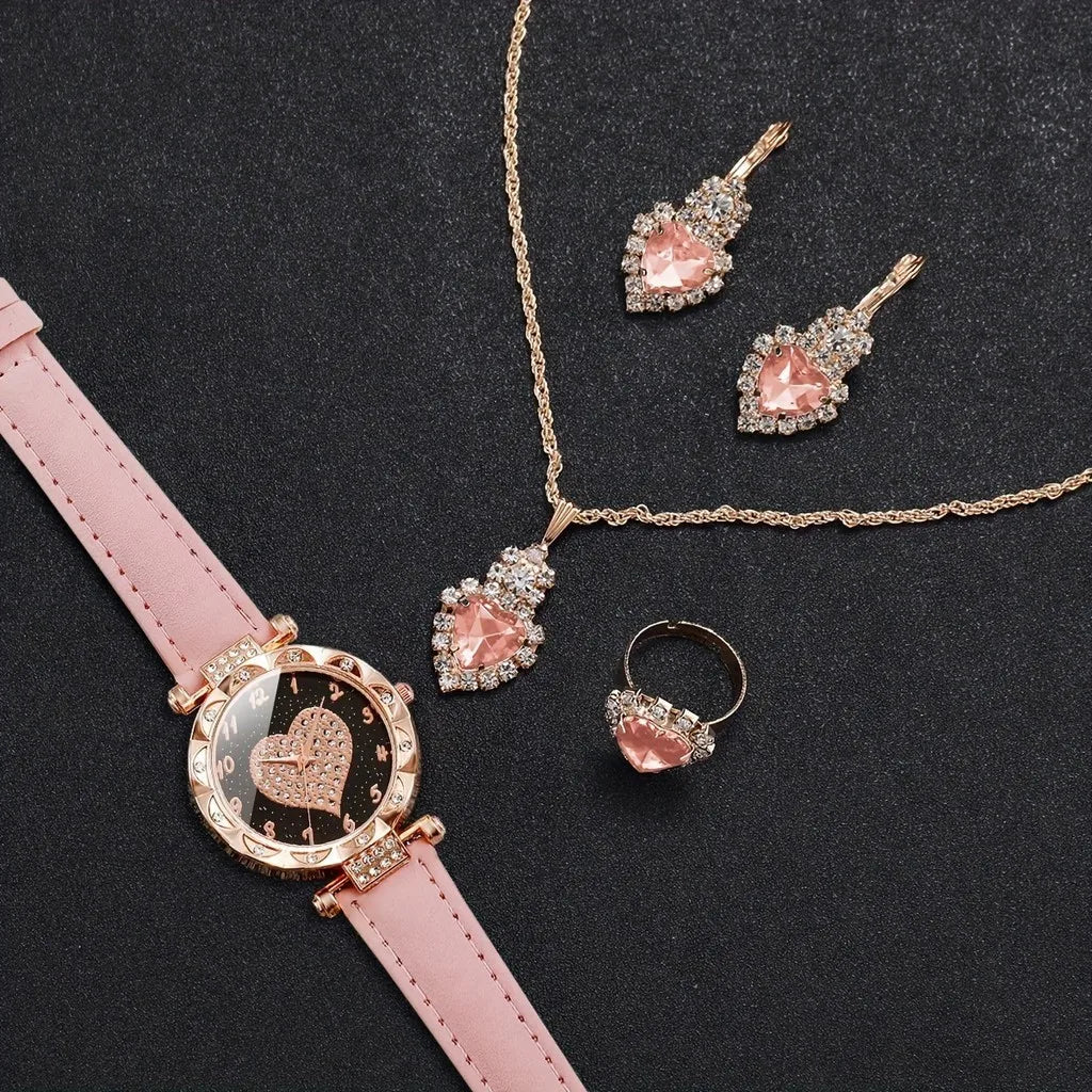 Kegllect 5PCS Women Quartz Watch Set for Gift Heart Shaped Rhinestone Accessories Mother Her