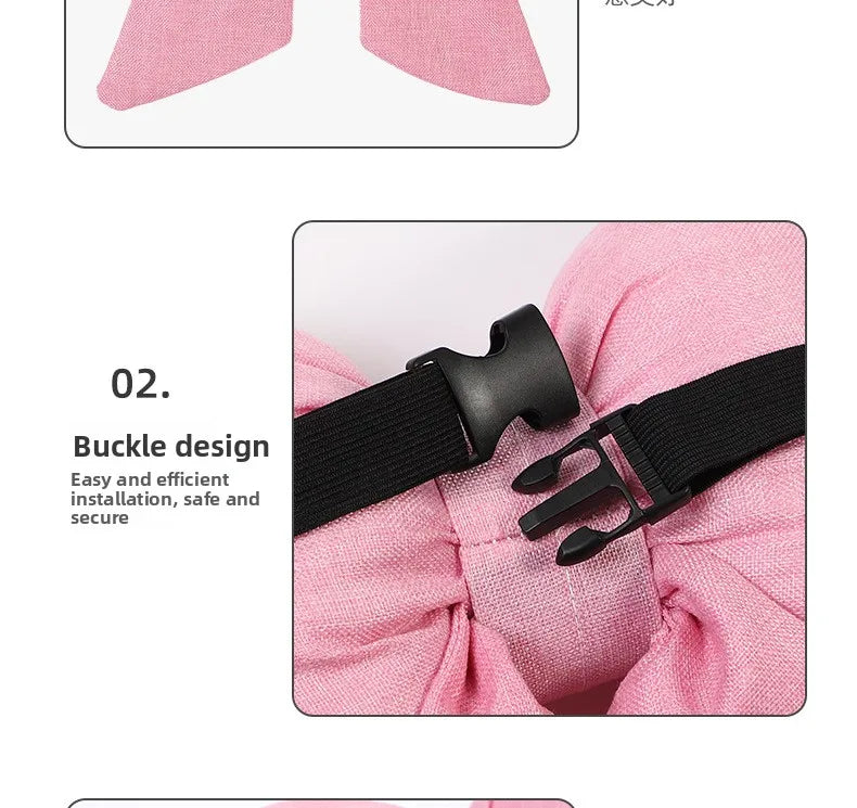 Fashion car headrest with bows cotton and linen pillow suitable for plaid's road trips and cute interior decorations