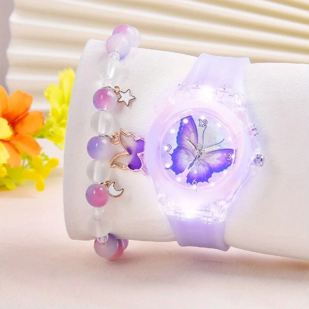 Luminoso Das Crianças Fofo Relógio Borboleta Padrão Silicone Quartzo Da Moda Conta Bracelete Conjunto