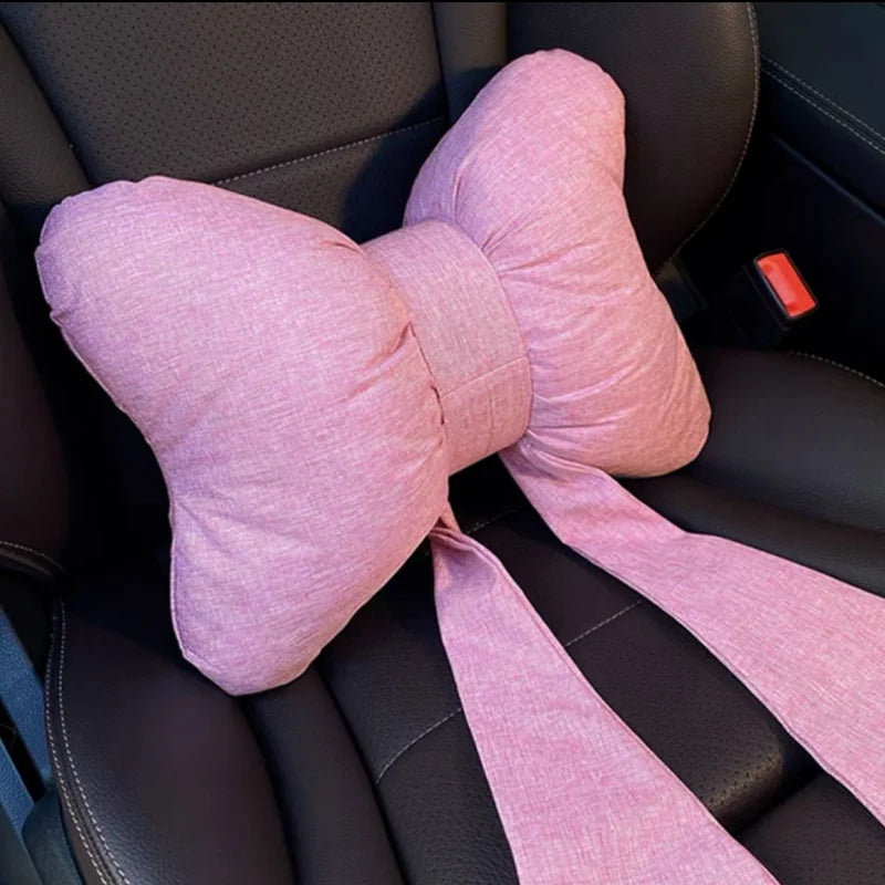 Car Seat Neck Pillow Elegant Bow Car Headrest Pillow Set - Cotton Linen Neck Cushion Universal Fit for Women Comes with 2 Seat B