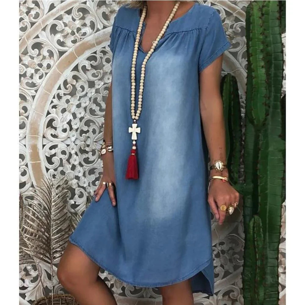Denim Dress Plus Size 1XL-5XL Women's New Fashion Casual Solid V Neck Long Party Loose Short Sleeve Swing Summer Dress