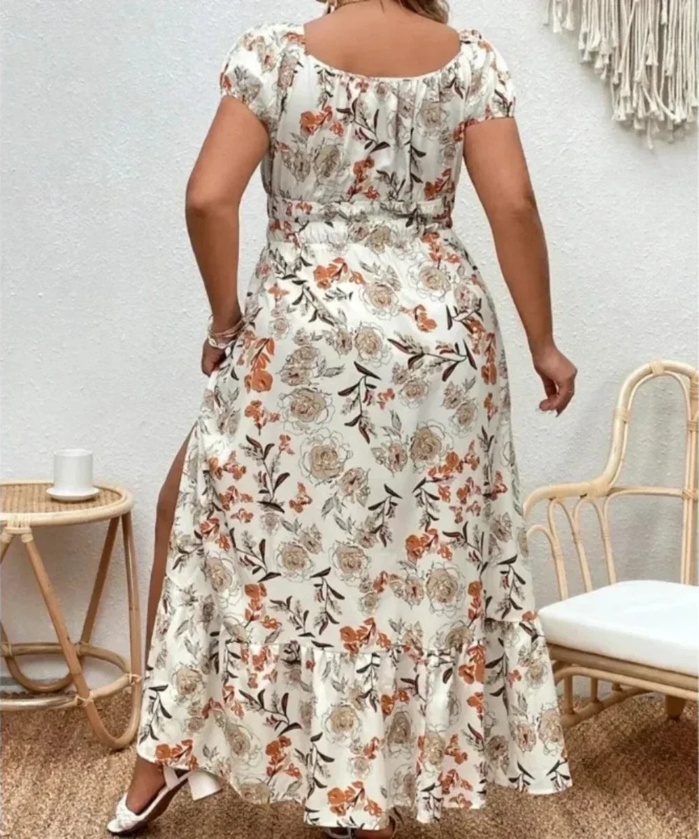 Elegant Women's 1-5XL Plus Size Suitable dress White Flower Casual Print design Loose long dress Summer versatile simple Dress