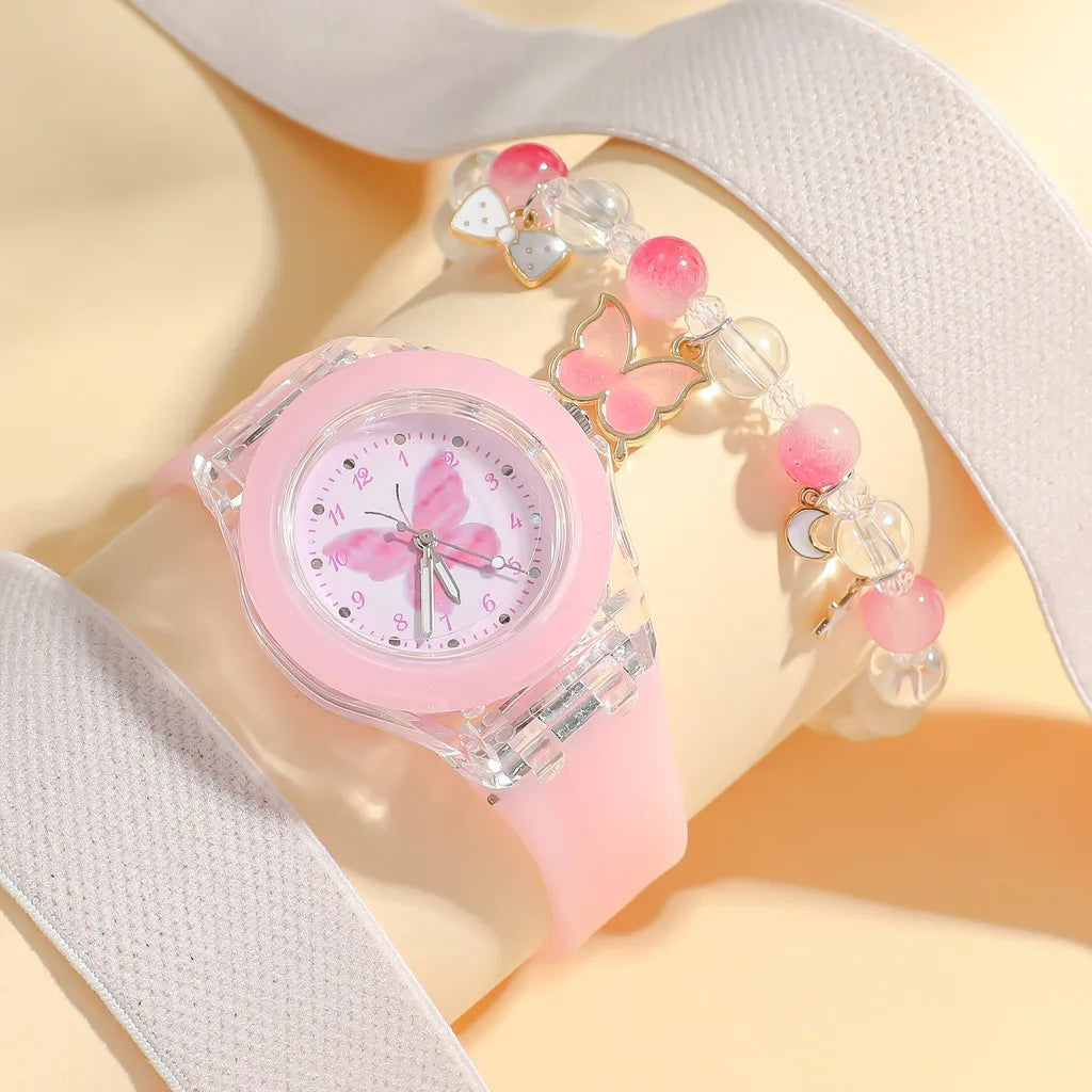 Luminoso Das Crianças Fofo Relógio Borboleta Padrão Silicone Quartzo Da Moda Conta Bracelete Conjunto
