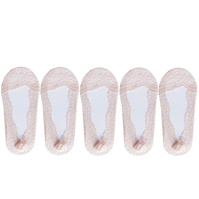 Socks For Women Summer Thin Fashion Lace Flower Invisible No Show Short Antiskid Ankle Socks Soft Boat Sock 5 Pairs